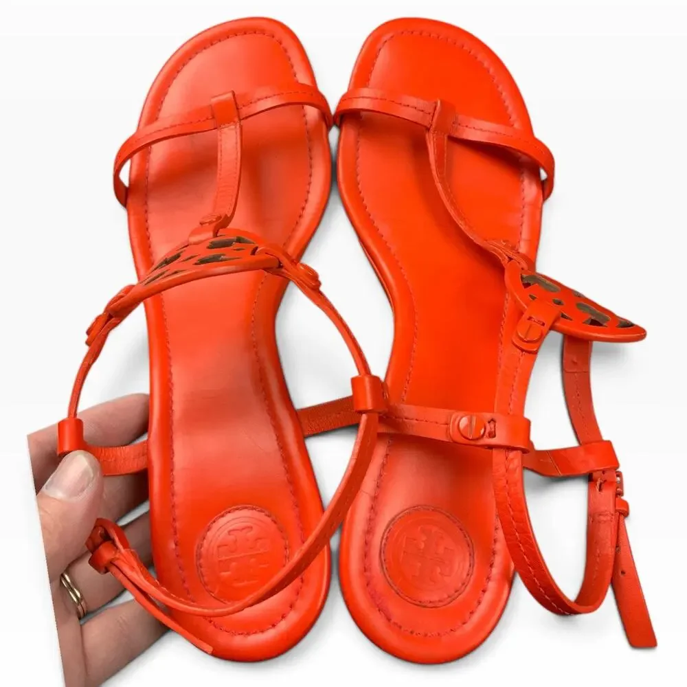 Tory Burch Women’s Orange Leather Logo Medallion T-Strap Wedge Sandals Size 8.5M